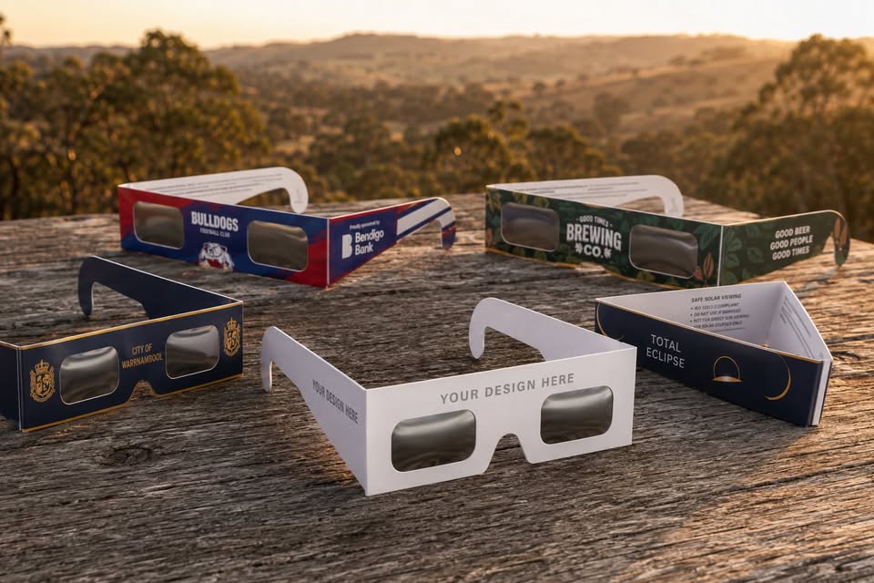 Spread of custom-branded paper eclipse glasses with club, council and business artwork